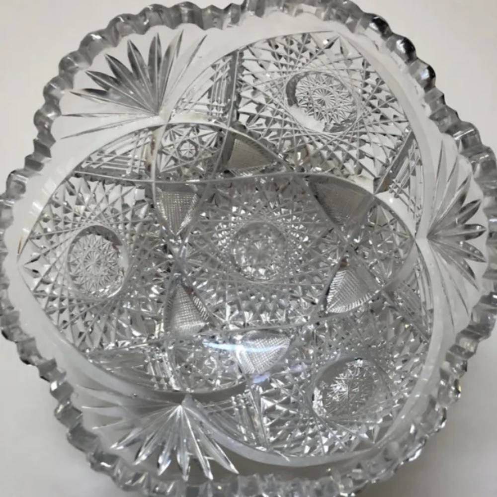 Crystal Bowl 8” Hobstars Prisms Fan Cross Starbursts Hobnail American Brilliant